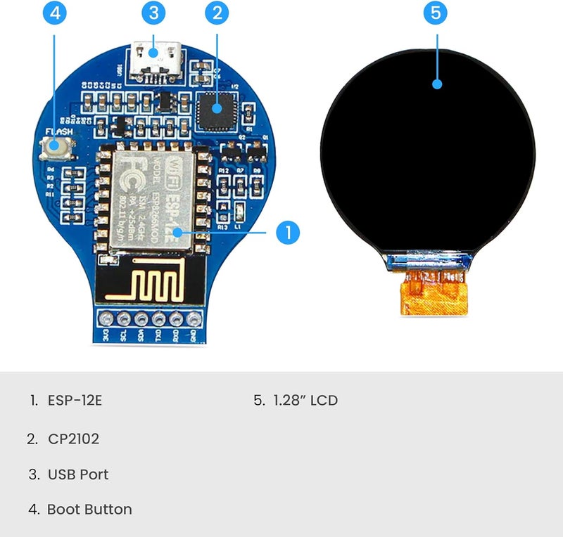 Sb Components RoundyFi - Compact 1.28” Round LCD Display Based on ESP-12E ESP8266 WiFi Transceiver Module 240×240 Resolution Display with GC9A01 Driver and SPI Interface - Image 5